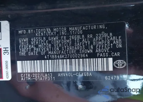 2007 Toyota Camry Hybrid из США, поврежденный, VIN 4T1BB46K27U002964